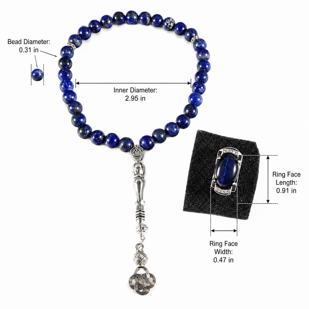 Tasbih niebieskie koraliki kamienne 33 koraliki z niebieskim pierścieniem tygrysie oko i pudełkiem na prezent, łańcuszek modlitewny Misbaha do dhikra i liczenia, zawieszka samochodowa, prezent dla