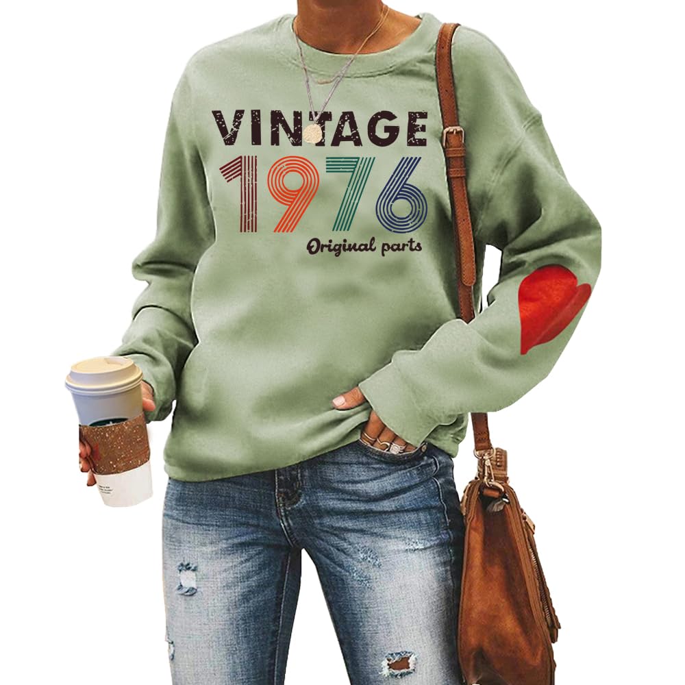 MLZHAN Vintage 1976 Women Sweatshirts 50th Birthday Gift Tops Long Sleeve with Red Heart Born in 1976 Retro Sweatshirt (Olive Green 1,L)