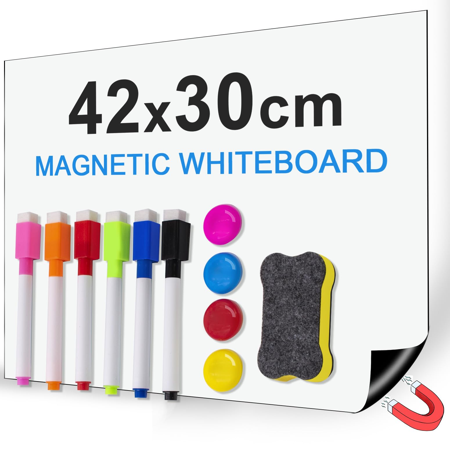 Magnetic Whiteboard for Fridge A3, Dry Erase Magnet White Board, Weekly Organizer & Memo Board, Whiteboard Magnetic with 6 Markers, 1 Eraser, 4 Magnets for Home and Office to Do List