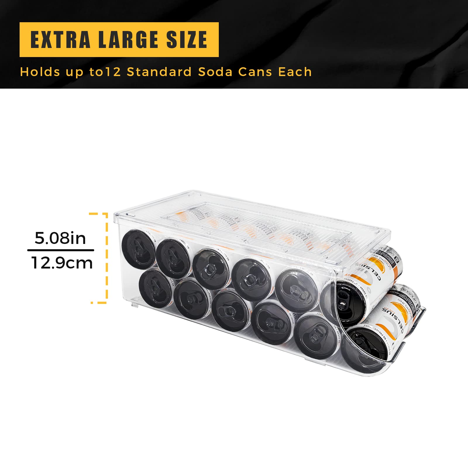 SCAVATA Skinny Can Organizer for Refrigerator, Tall Skinny Soda Pop Can Container Holder Dispenser with Lid for Fridge Pantry Rack Freezer, Clear Plastic Storage Bins-Holds 12 Slim Skinny Cans