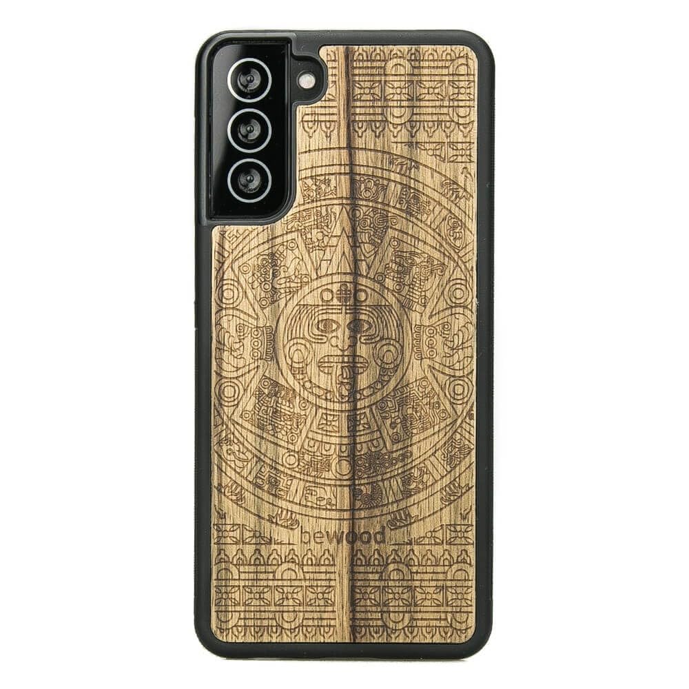 Funda de madera compatible con Samsung Galaxy, diseño de calendario azteca, madera Limba con marco de silicona TPU, negro