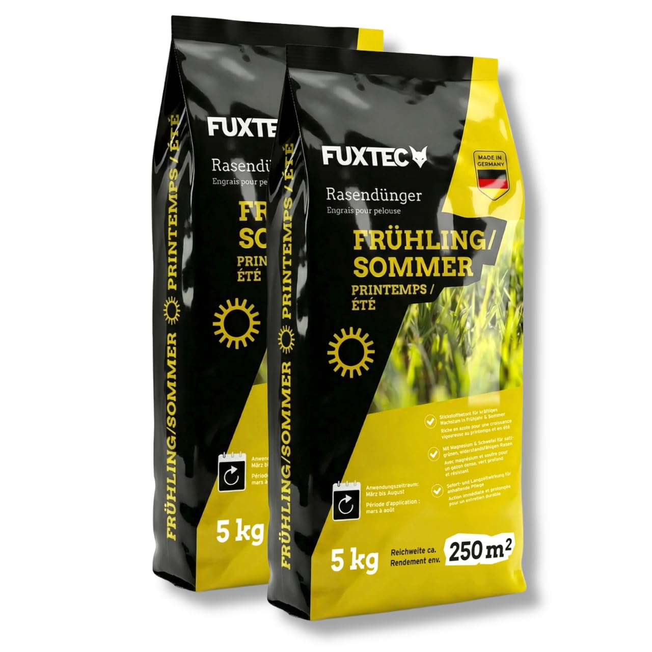 FUXTEC Engrais gazon printemps été FX-RDFS10 – 10 kg (2x5kg) rendement 250m2 fertilisant pelouse NPK 12+3+5 organo-minéral – azote à libération progressive – magnésium et soufre – granulés fins
