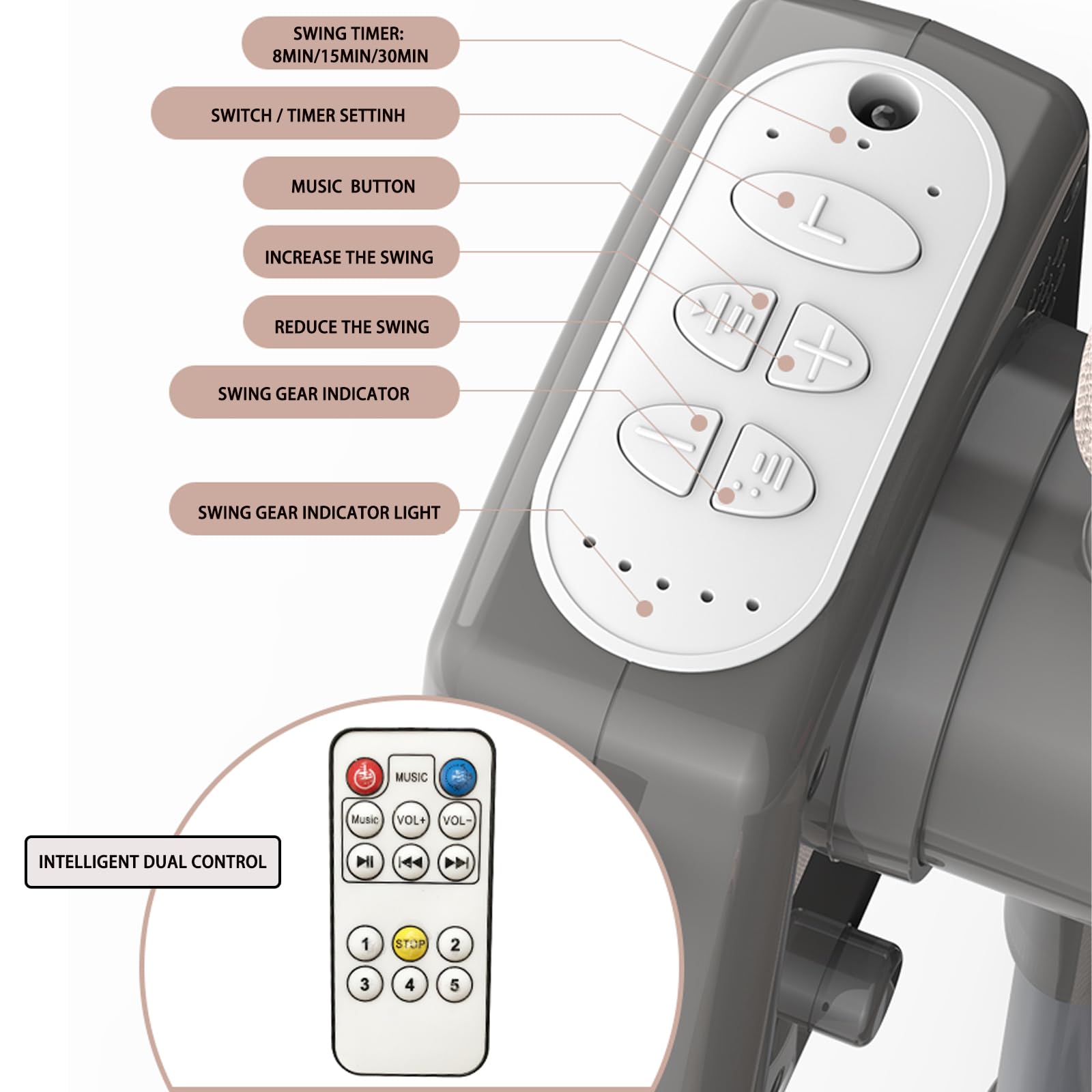 Moisés de noche para bebé, cuna portátil 4 en 1 con columpio automático, control remoto, altura ajustable, modos multiescena, temporizador de 8/15/30 minutos (beige)