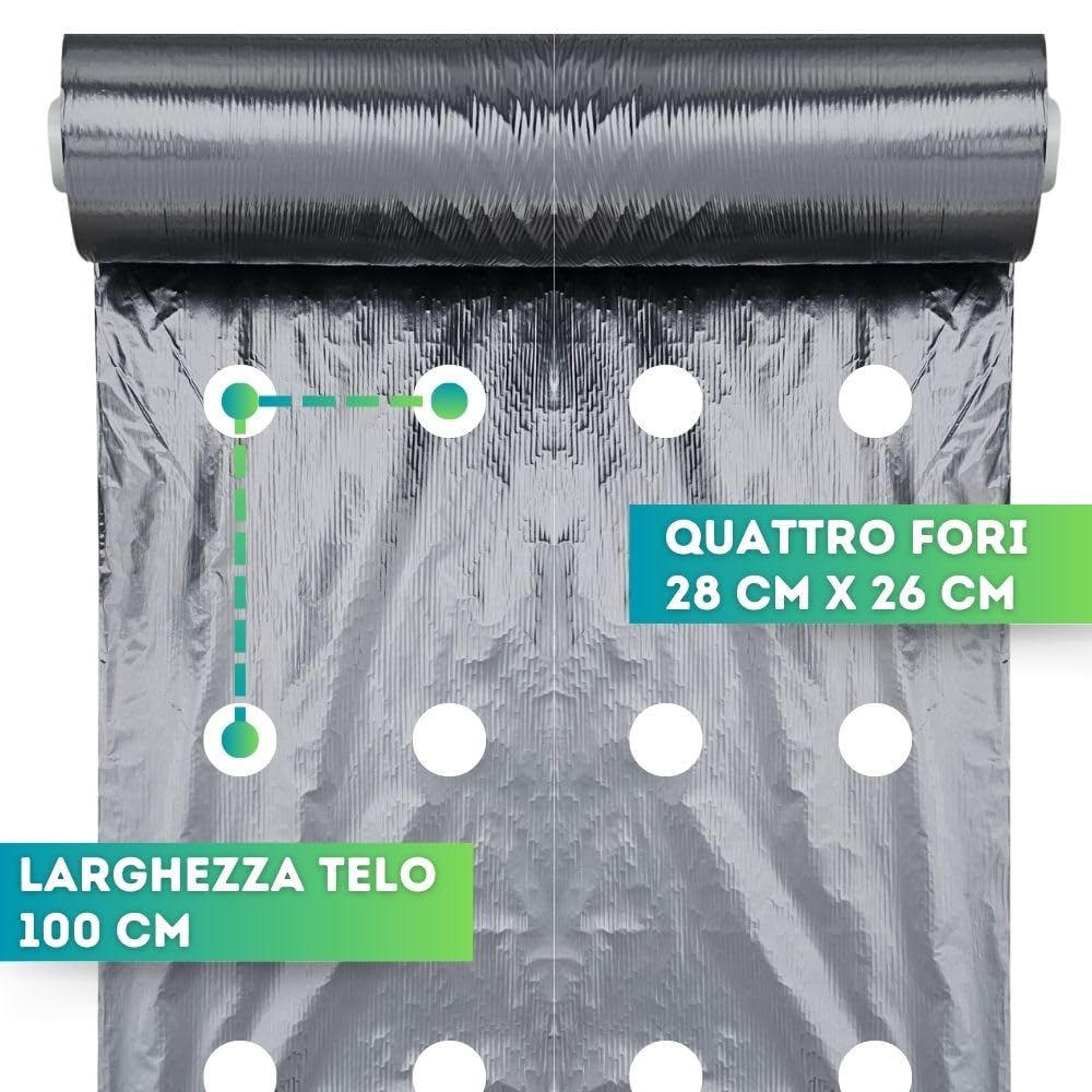 DI GIULIO SRL Telo Nero Pacciamatura Larg. 120 cm x Varie Misure 4 Fori 28x26 cm | Copertura Terreno Antierbacce Contro Le Infestanti | Bio Orto (200 Metri)