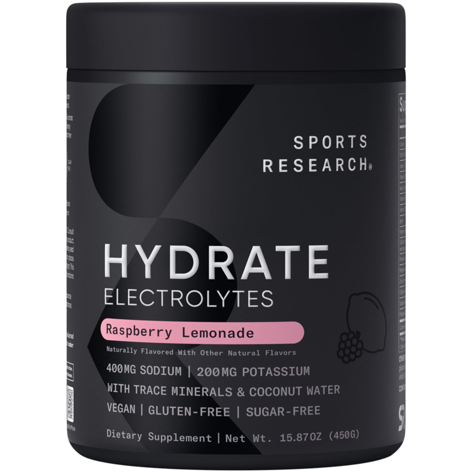 Sports Research® Hydrate Electrolytes Powder - Sugar-Free & Naturally Flavored with Vitamins, Minerals, and Coconut Water - Supports Hydration - Raspberry Lemonade - 90 Servings