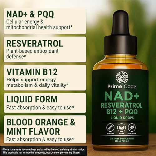 Miniatura 5 de Prime Code NAD+ Gotas líquidas con resveratrol, vitamina B12 y PQQ Energía celular avanzada y apoyo antioxidante Vegano, sin OMG, sin gluten