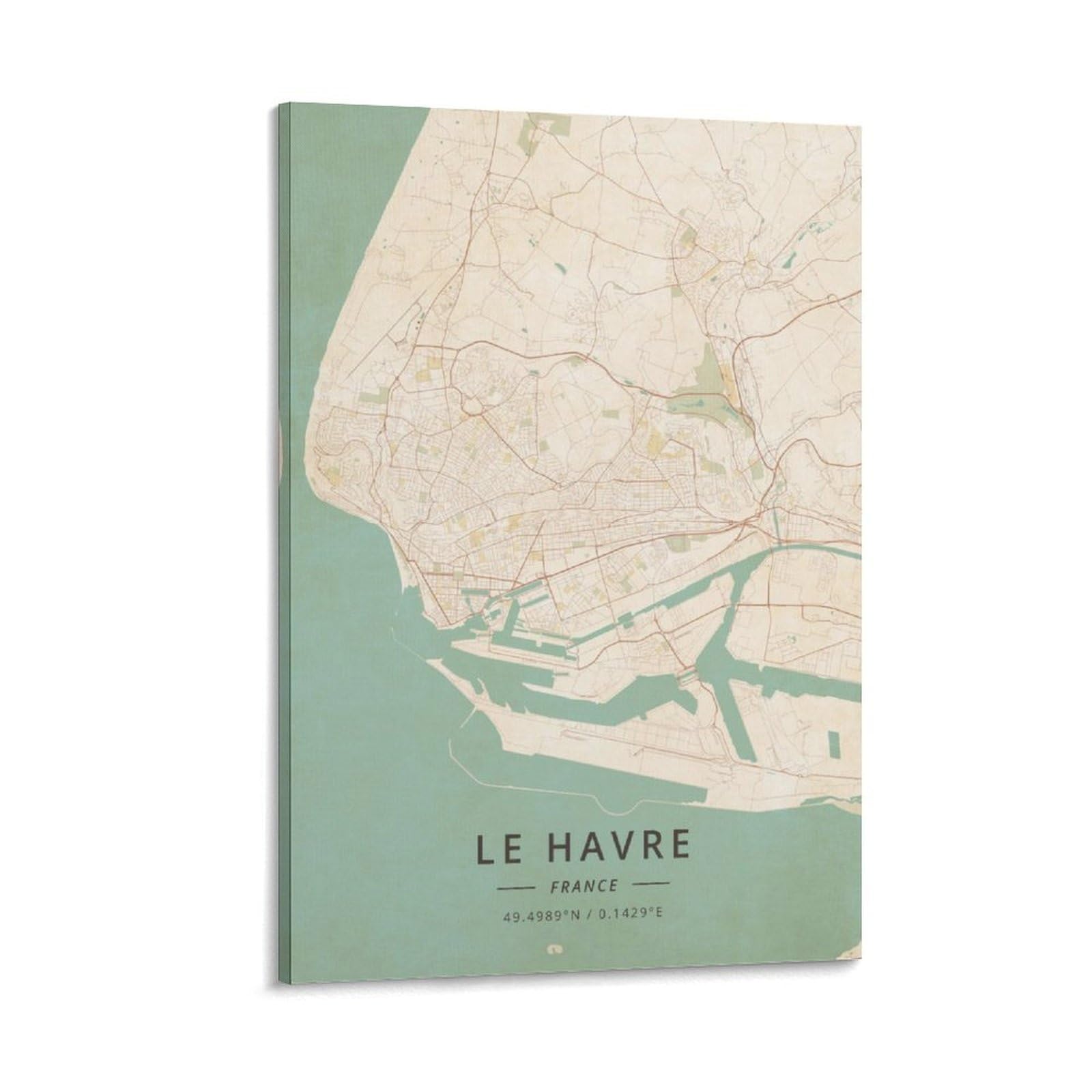 LZTEN Poster vintage sur toile représentant le Havre Carte de France - Décoration murale pour la maison, l'école, le bureau - 50 x 75 cm