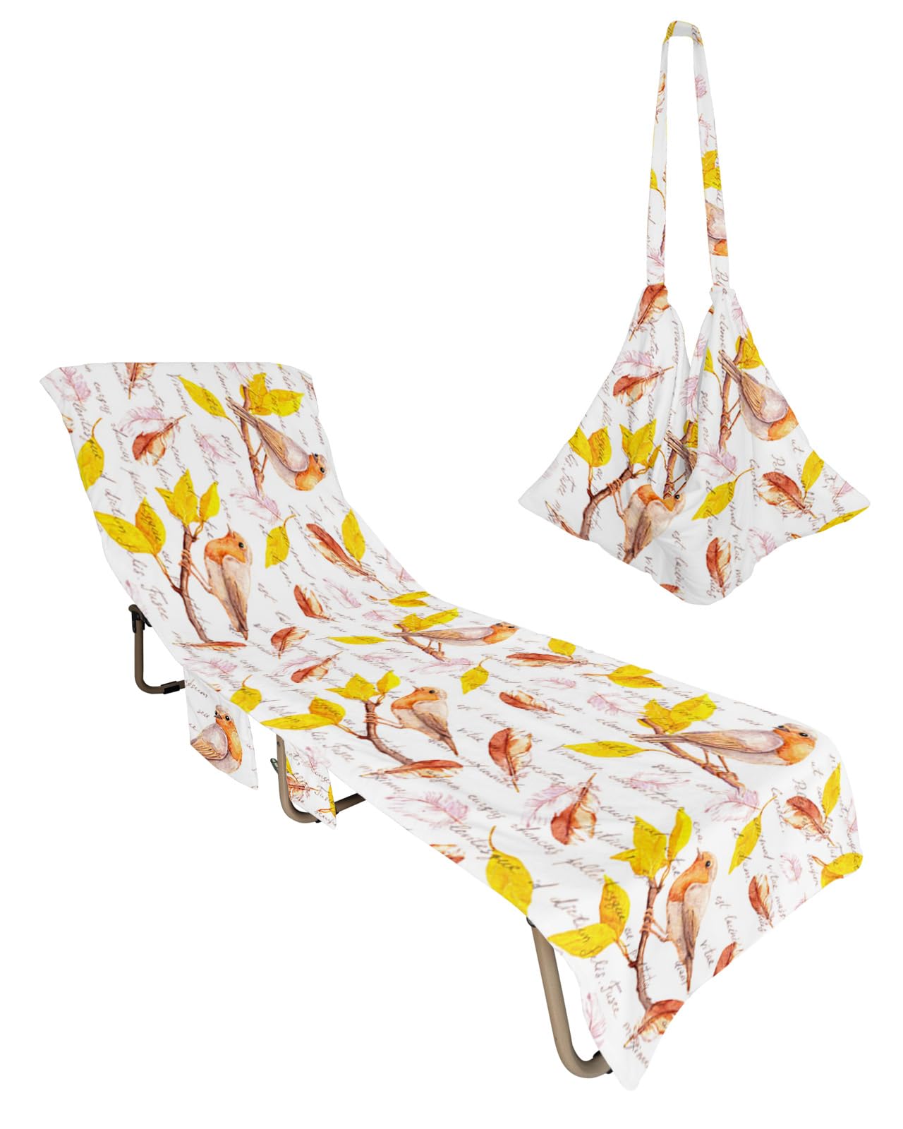 Gold Fall Leaves Beach Chair Towel Covers for Chaise Lounge with Side Pocket, Soft Plush Pool Towels Cover for Patio Sunbathing Outdoor 29''x85'' Autumn Birds Vintage English Newspaper