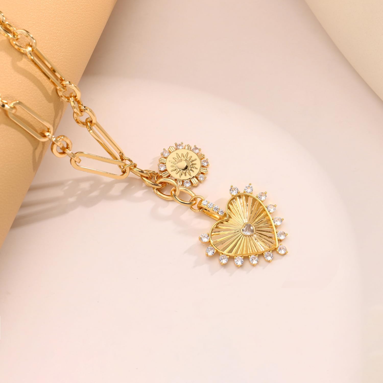 Sun Heart Pendant Choker Necklace for Women,18K Gold Plated Multi Pendants Chunky Paperclip Chain Hip Hop Neutral Jewelry - Image 6