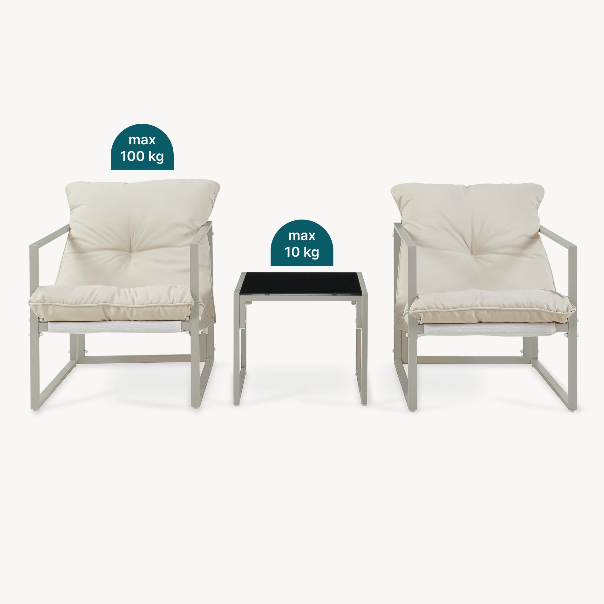 casa.pro Gartenmöbel Set Karg Balkonmöbel 3-teilig Garnitur Outdoor Lounge Tisch mit 2 x Sessel wetterfest Couchtisch mit Glasplatte Gartenstühle Metall Beige
