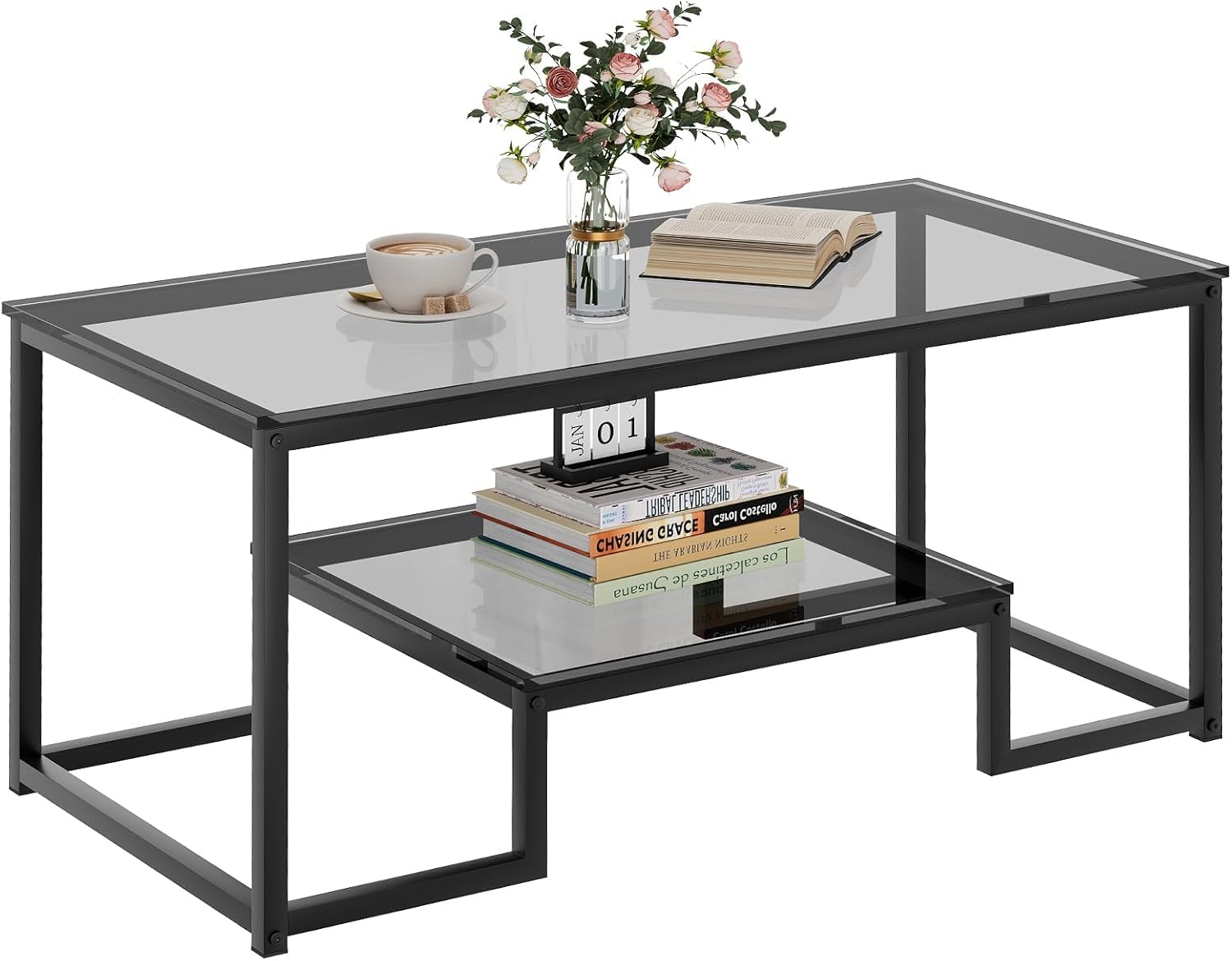Coffee Table with Storage Shelf, Living Room Table with Metal Frame, Coffee Tables for Living Room, Center Table, Rectangle Tea Table for Living Room Office, Space Saving Easy Assembly (Black, Glass)