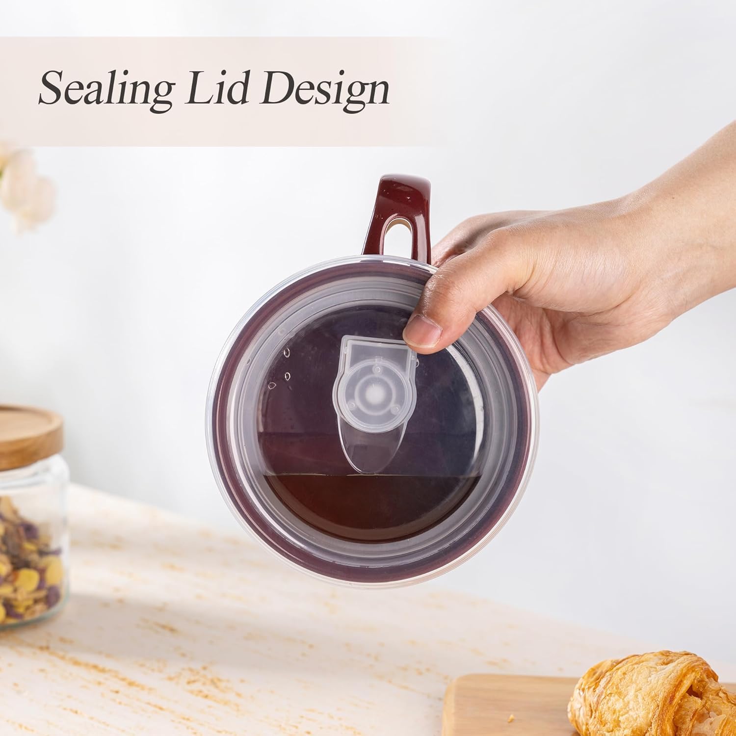 GBhome Set di 2 tazze da zuppa in ceramica, 700 ml, con manici e coperchio, fondo in terracotta e cucchiai per zuppa/cereali, insalata/pasta/ramen, adatti al microonde e alla lavastoviglie