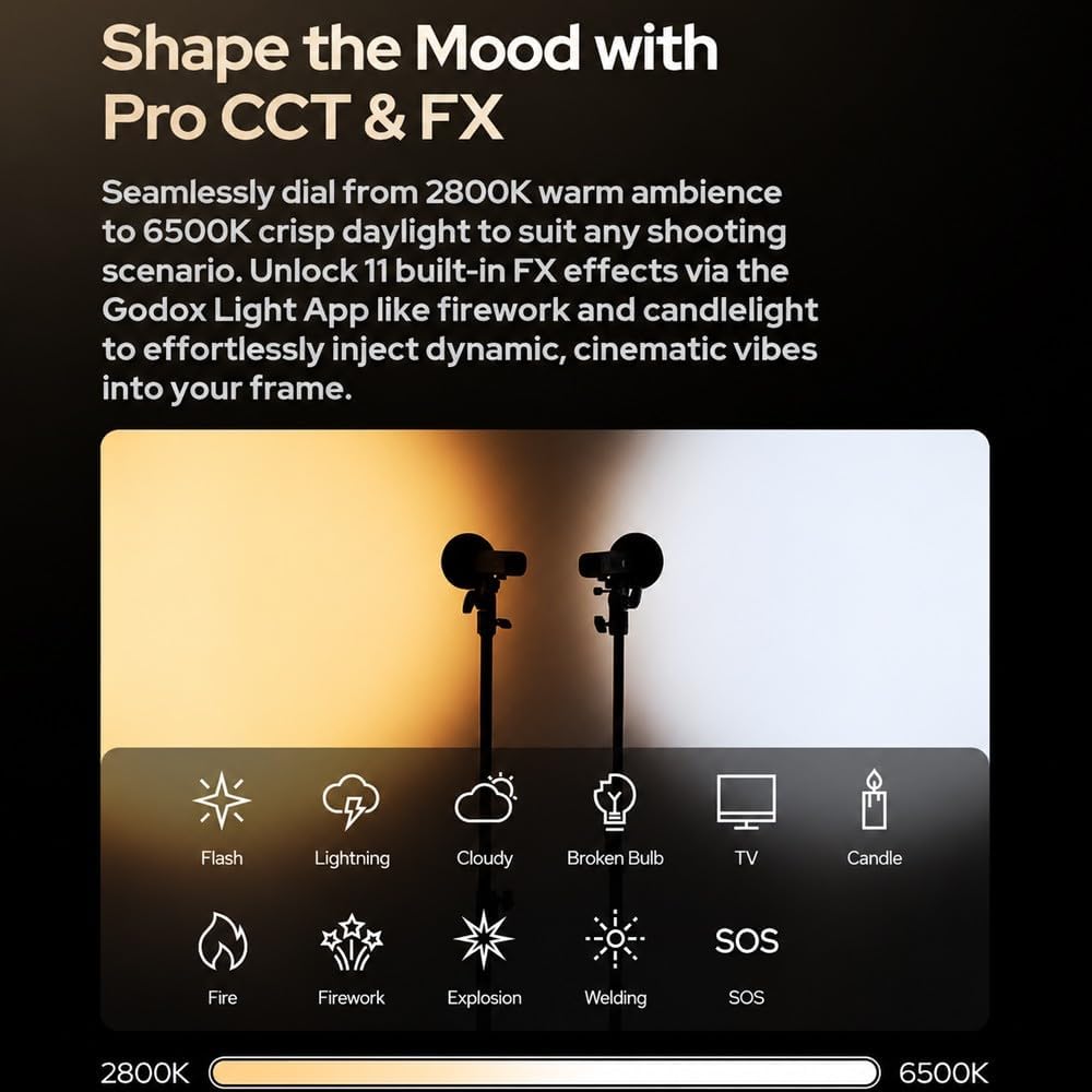 Godox FL15Bi Lampe Vidéo LED de Poche, Éclairage Photographique Bicolore 2800K-6500K avec Lentille Zoom Pliable, 11 Effets FX, Coupe-Flux Magnétique, Étanche IP54, Batterie 4750mAh pour Studio