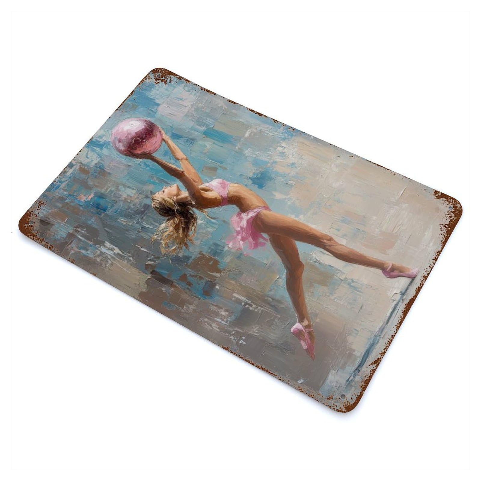 Rust Effect Tin Sign with Ballerina with Pink Ball Painting Gymnast in Motion with Pink Ball Design 11.8"x7.9", for Pub, Kitchen And Man Cave Decor, Industrial Home Decor