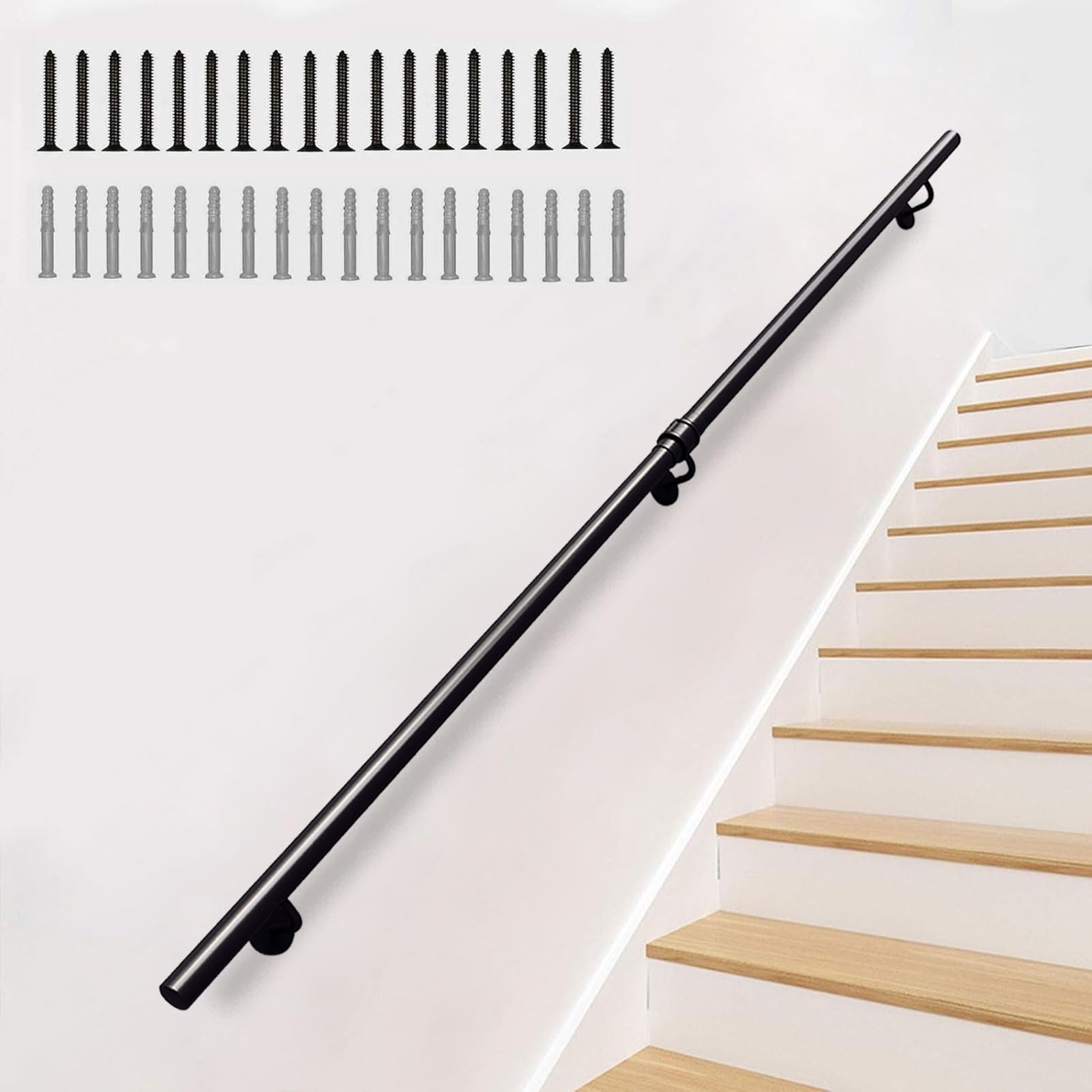 GLDYTVF Wall-mounted Stair Handrail,Black Metal Wrought Iron Stairway Railing For Disabled Use In Home Garden Lofts Corridor Non-Slip Support - Complete Kit(16ft/480cm)