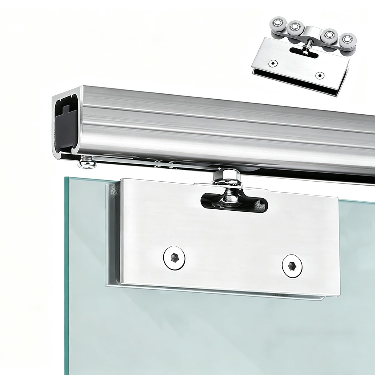PALSINBY Sliding Glass Door Track Kit, Single Track Frameless Sliding Barn Door Kit Glass Clamps For 10-12mm 0.7-4m(Silver,1.9m/6.2ft)