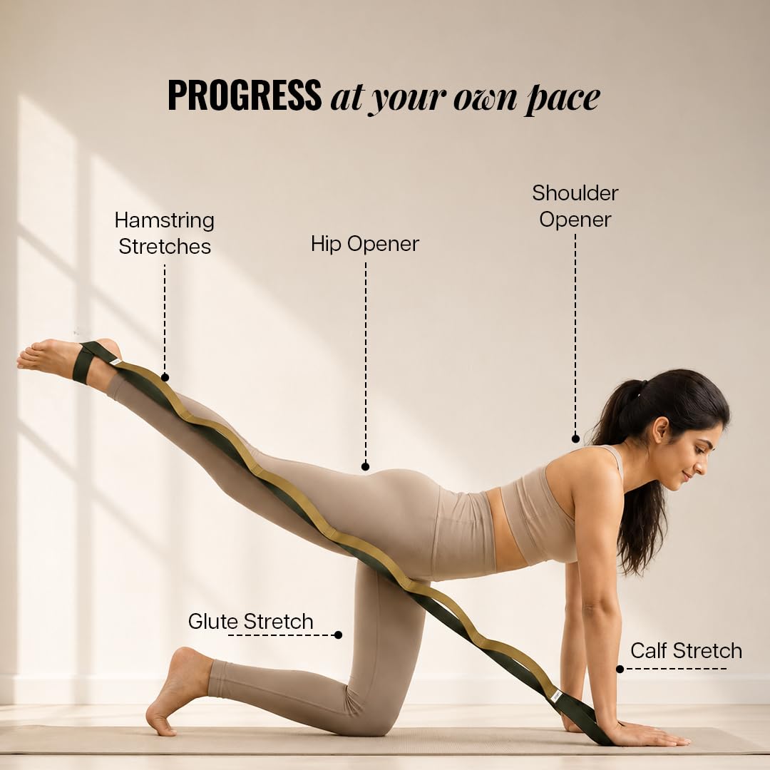 WiseLife 11 Loop Yoga Belt for Men & Women | Multi Functional Non Slip, Lightweight Loop Stretchable Belt for Yoga, Pilates, Gymnastics, Dance & Flexibility, Home Fitness & Therapy | Yoga Props- Green 2