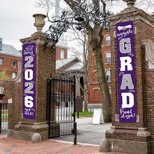 Image of Graduation Decorations 2026 Banner Porch Sign Purple Silver for Class of 2026 Graduates Party Supplies