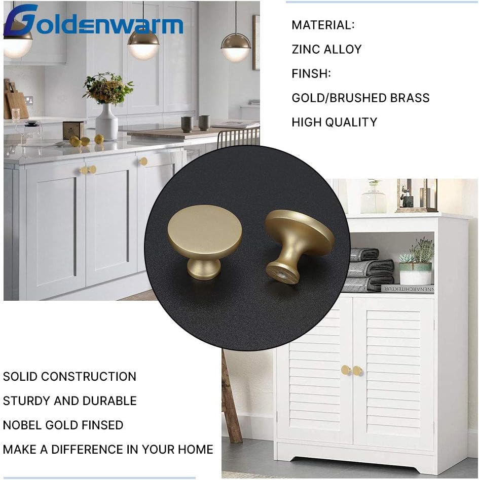 goldenwarm 20 Pack Brushed Gold Drawer Knobs for Cabinets, Solid Gold Dresser Brushed Brass Knobs, Round Gold Hardware Handles for Dresser Drawers