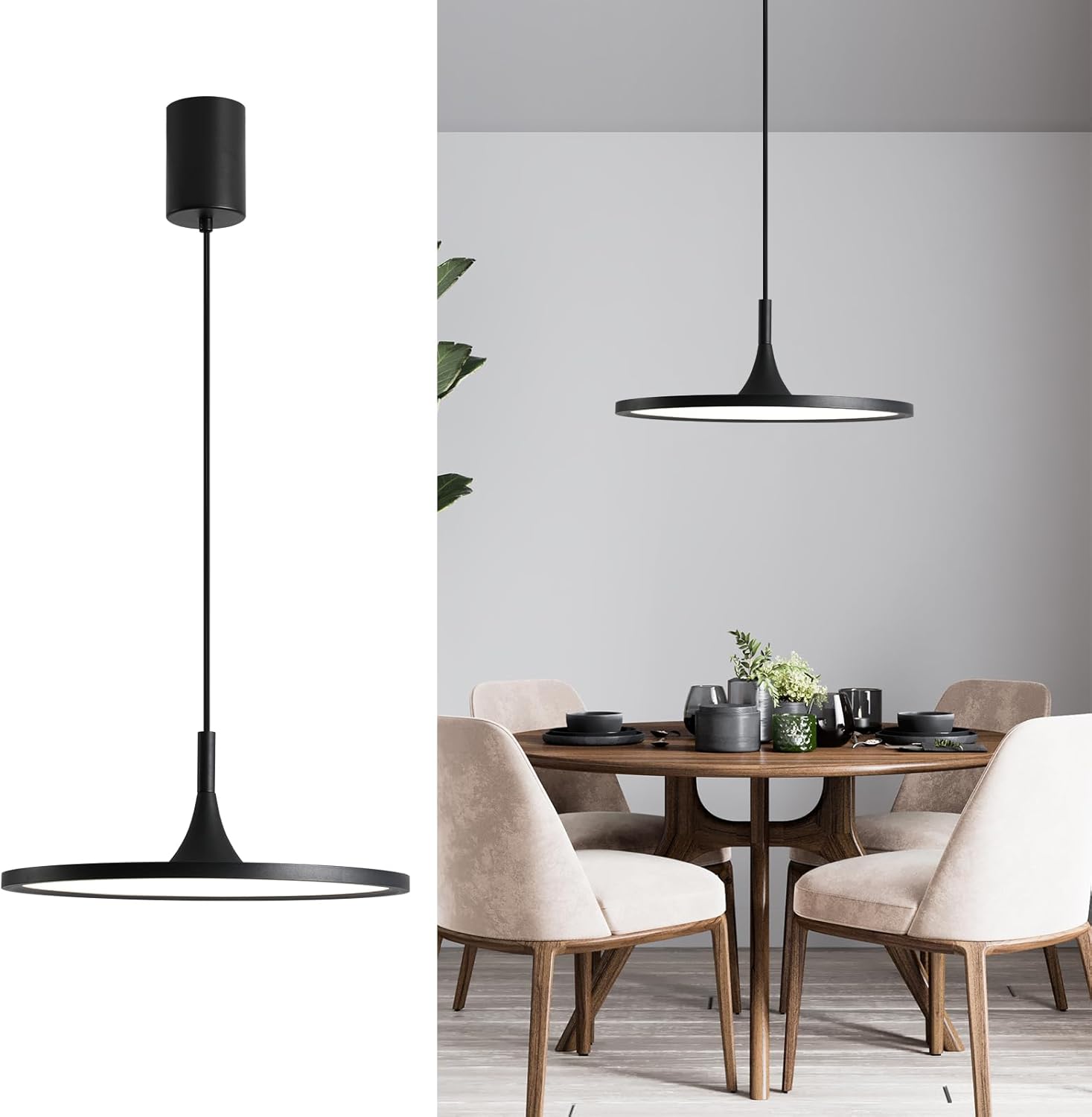 JAYMP Dining Room Modern Pendant Lighting Dimmable LED Disk Light Adjustable Height Kitchen Island Hanging Light Fixture (Black, Dia 15.7 inch)