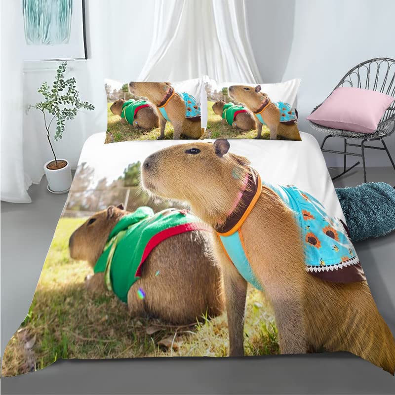Parure de lit 90x190 enfant capybara vert avec housse de couette en microfibre et taie d'oreiller