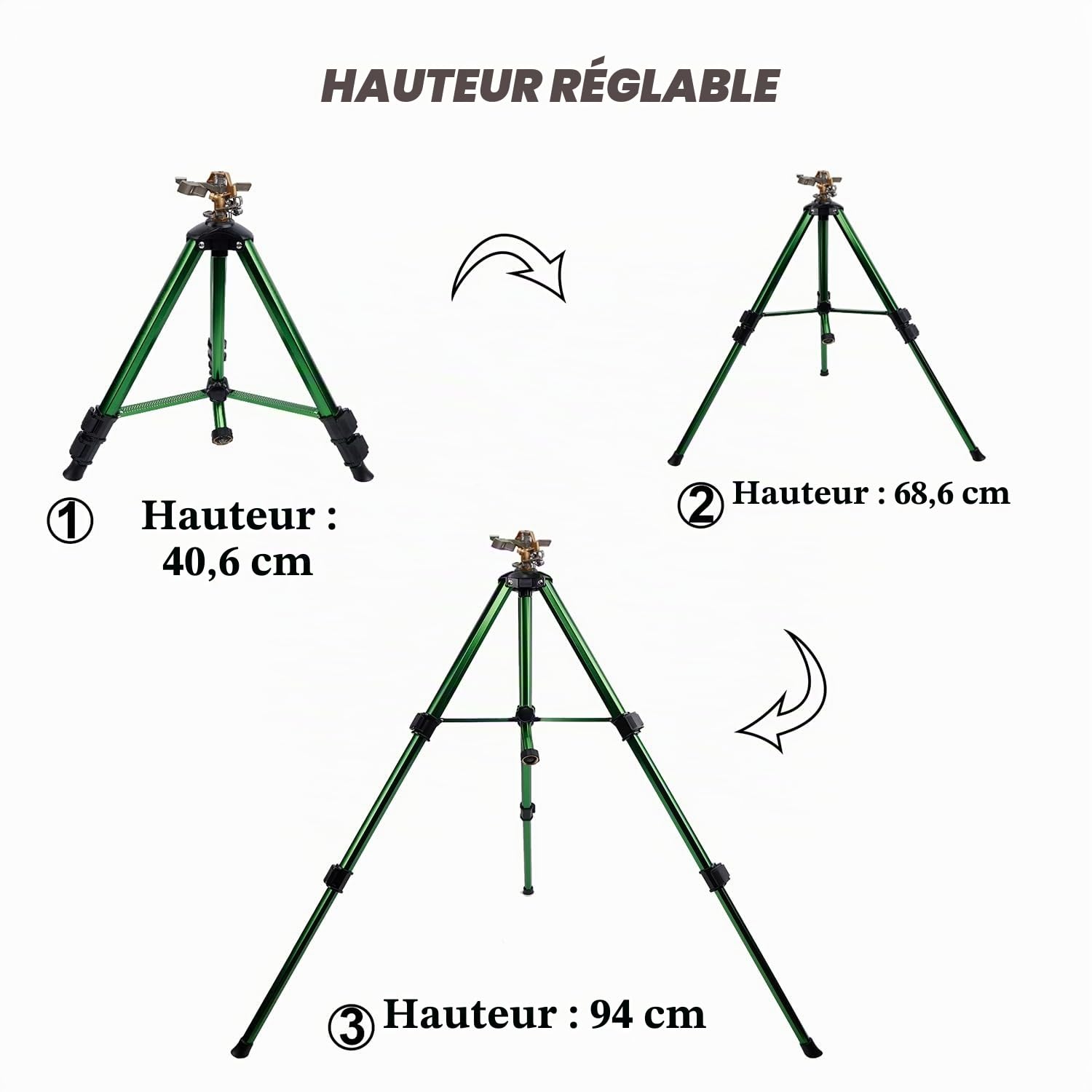 Biswing Tête d'arrosage à impact sur base trépied, arroseur de pelouse robuste, irrigation à grande surface à 360 degrés, buse d'arrosage en laiton et pieds d'extension en alliage métallique massif, 1