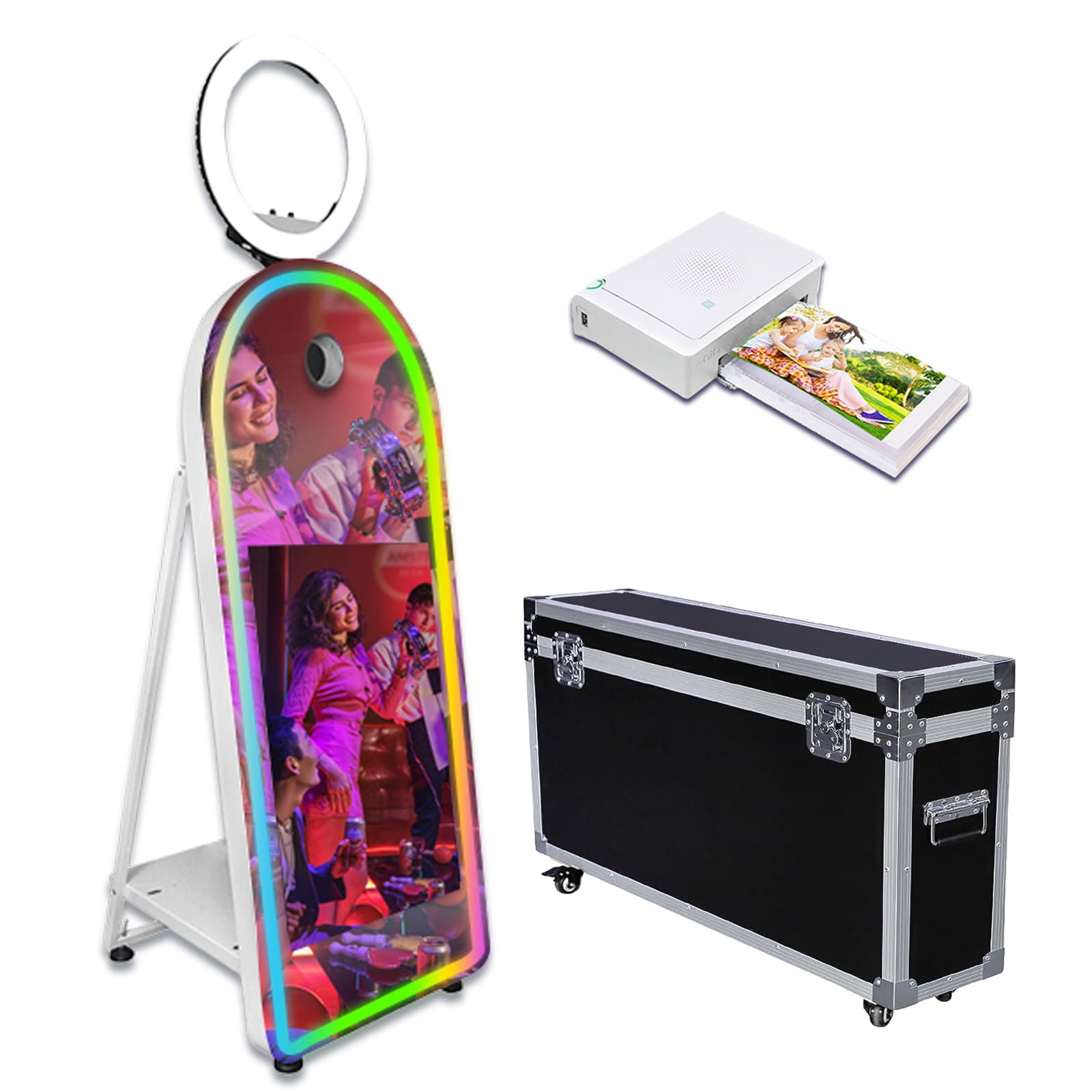 Portable 32'' Touch Screen Photo Booth Machine Selfie Mirror Photobooth for Party Event Rentals,Magic Mirror Photo Booth with RGB Light (White, Photo Booth Machine+Mini Printer)