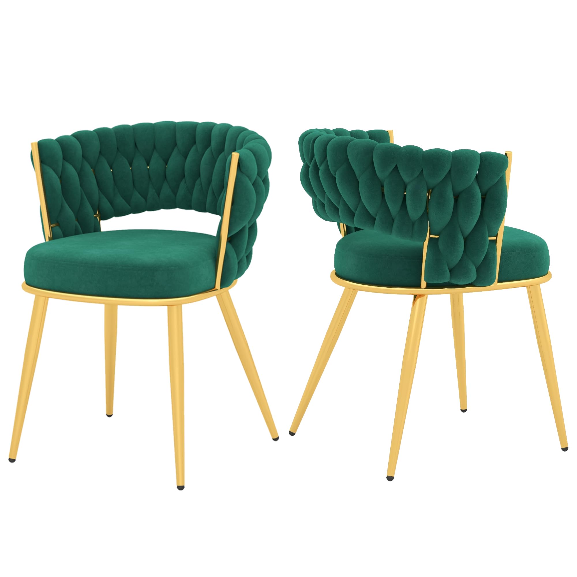 Homedraft Velvet Woven Dining Chairs Set of 2, Modern Hand Weaving Dining Chair with Hollowed Back, Upholstered Club Chairs with Gold Metal Legs and