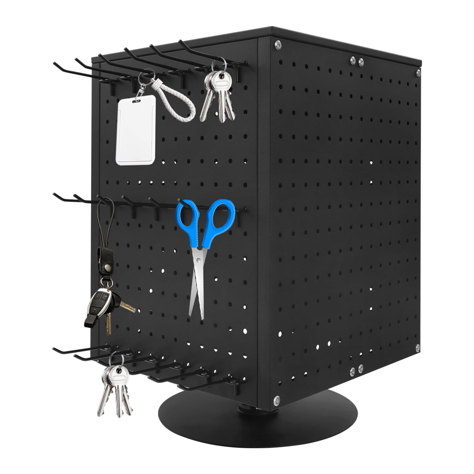 YUYFCC Rotating Pegboard Display Stand 4 Sided Spinning Peg Board Display Holder with 20 Hooks Modern Countertop Keychain Display Stand Rack Craft Organizer for Retail Store Jewelry Earring (Black)