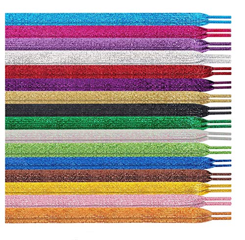YONII 16 Paare Glitter Flache Schnürsenkel 42-Zoll-Volltonfarben Metallic-Schuhschnüre Schnürsenkel in 14 verschiedenen Farben für Teams Canvas Athletic Dance Cheerleading-Schuhe Turnschuhe Cover