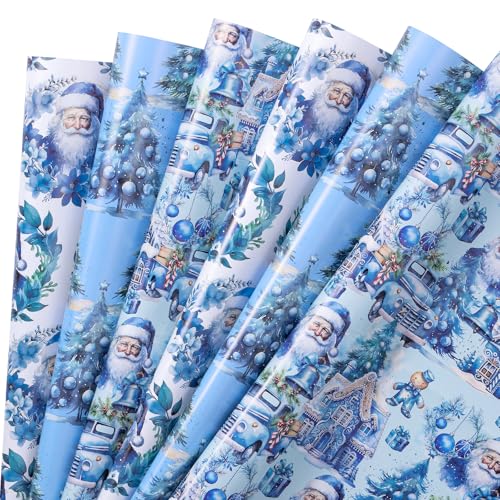 RUSPEPA Christmas Wrapping Paper Sheets Blue White Santa Claus Snowy House Christmas Tree Design Vintage Gift Wrap for Xmas Holiday Birthday Wedding 6 Folded Sheets 19.68 X 27.5 Inch