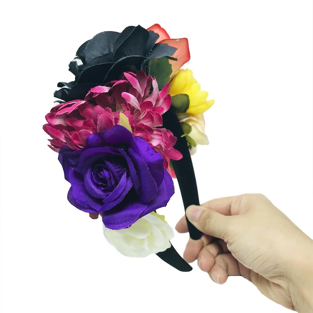 Upstore Halloween Flower Crown Headband Costume Rose Flower Crown Mexican Floral Crown Headband Headpiece Floral Hair Accessories for Cosplay Carnival Party Beach Vacaton - Image 3