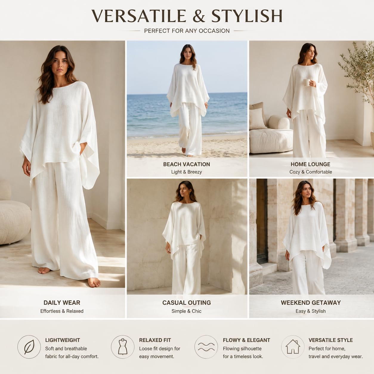 Generico Completo da Casa da Donna Composto da T-Shirt Oversize A Maniche Lunghe E Pantaloni A Gamba Larga. Elegante Abbigliamento Casual E Leggero, Perfetto per Viaggi E Vacanze.