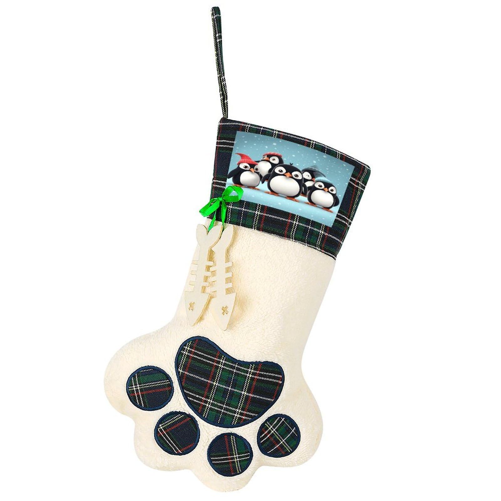 Cute Penguins Dog Christmas Stocking,Custom Pet Paw Christmas Stockings Xmas Hanging Stockings Paw Shape Stocking for Xmas Tree Fireplace Hanging Christmas Party