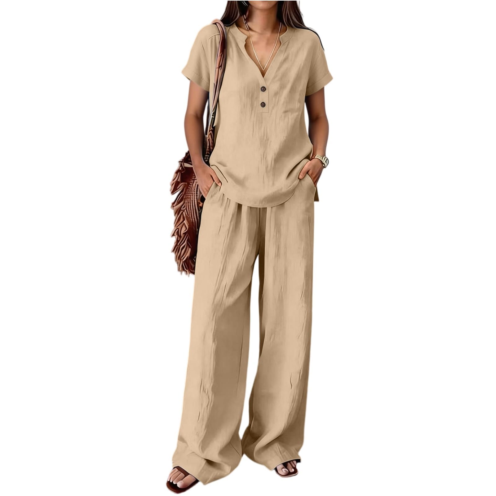 Conjunto Verano Mujer Conjunto Mujer Dos Piezas Verano Elegante Lino Cuello en V Casual Ligero y Transpirable Conjuntos Deportivos Mangas Cortas Blusa y Pantalon para Uso Diario Oficina