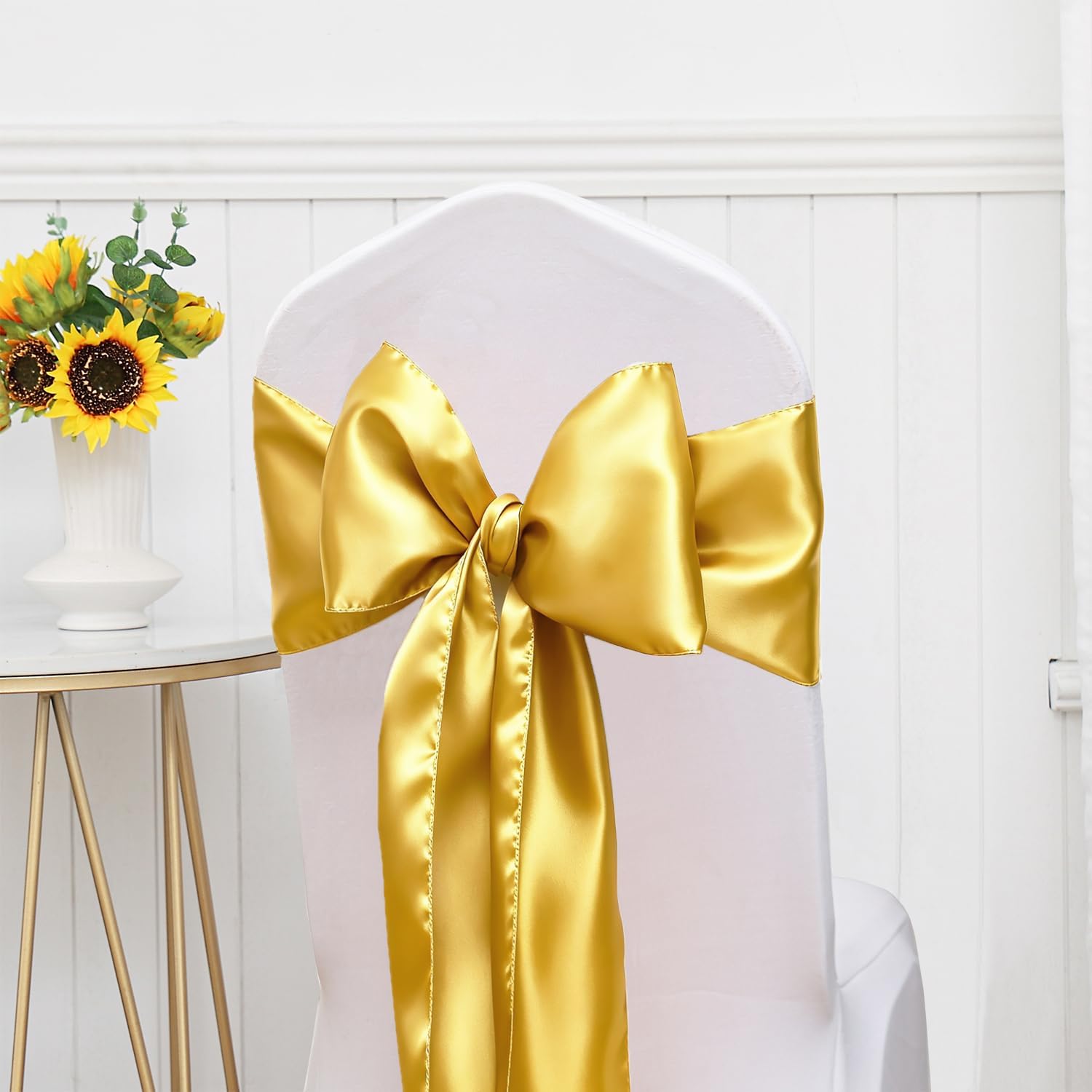 Pack of 50 Satin Gold Chair Sashes Bows 7 X 108 Inch Universal Golden Chairs Ribbons for Wedding Anniversary Ceremony Birthday Party Engagement Banquet Restaurant Event Decorations