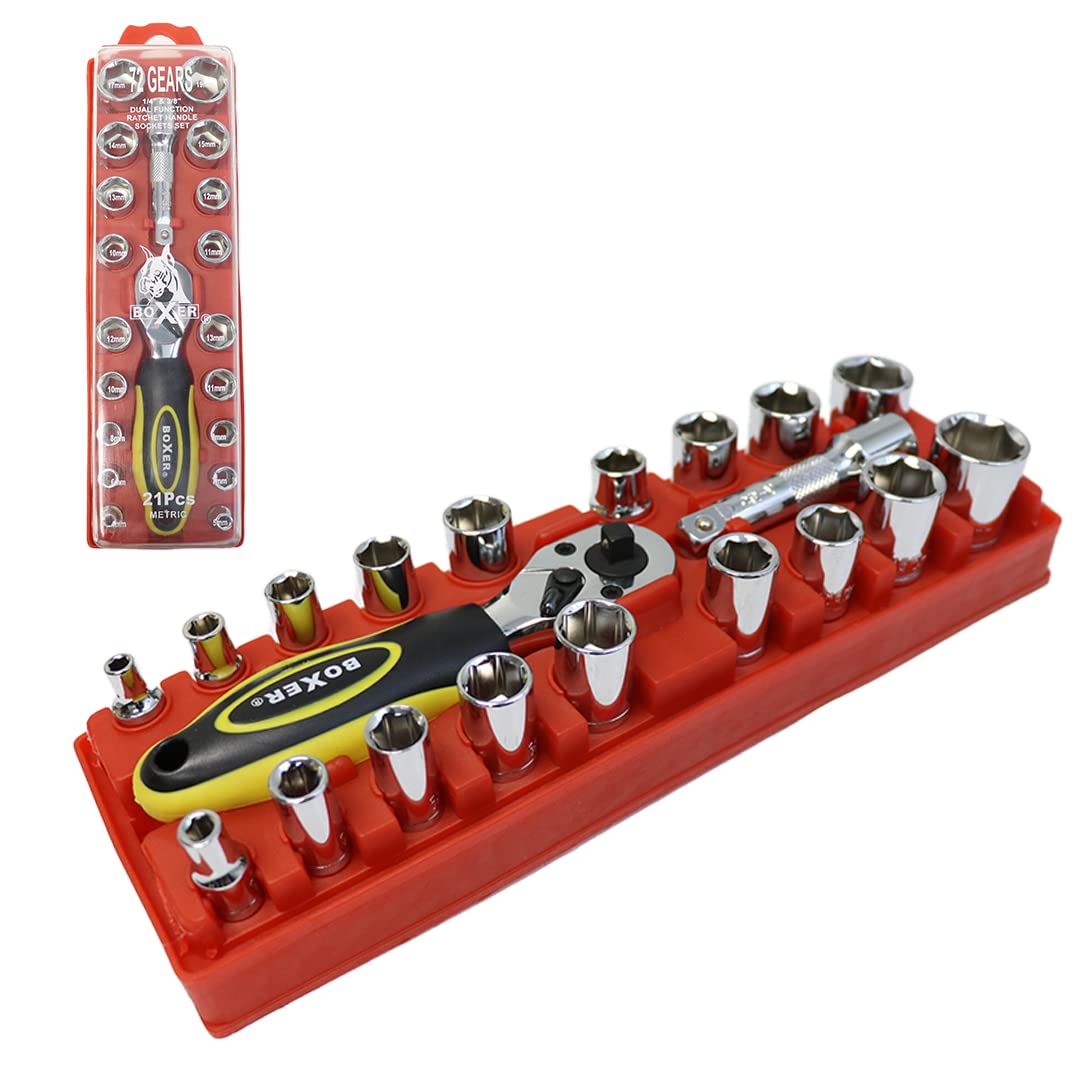 BoxerTool 21 Piece 1/4" & 3/8" Dual Head Ratchet Socket Mechanic Tool Set - Compact Wrench Set