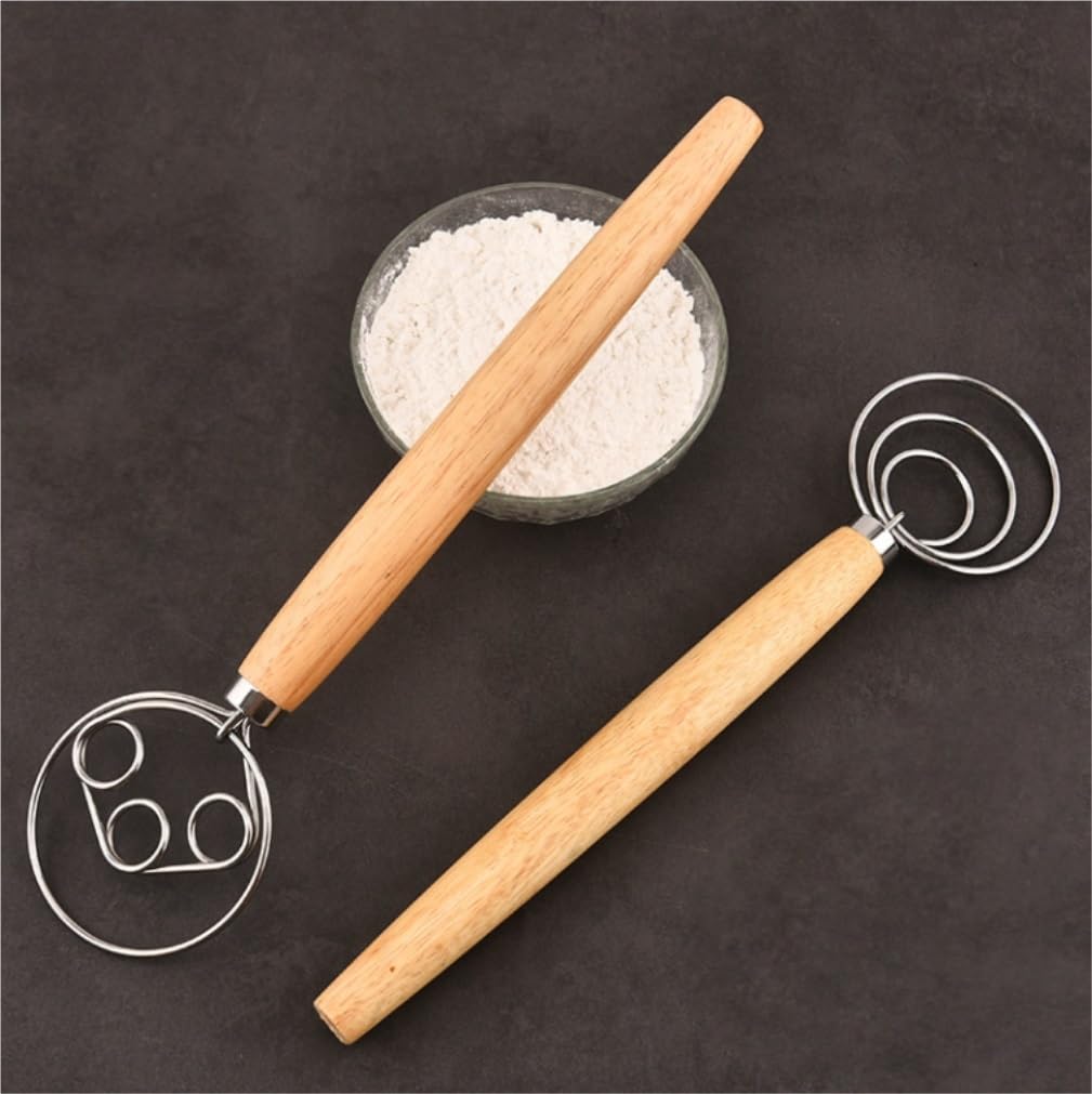 Varillas de Batir para Cocinar Batidor De Masa Y Bobina De Acero Inoxidable, Batidor De Polvo con Mango De Roble, Mezclador De Harina, Palo For Mezclar Masa Huevos, Espumar, Batir