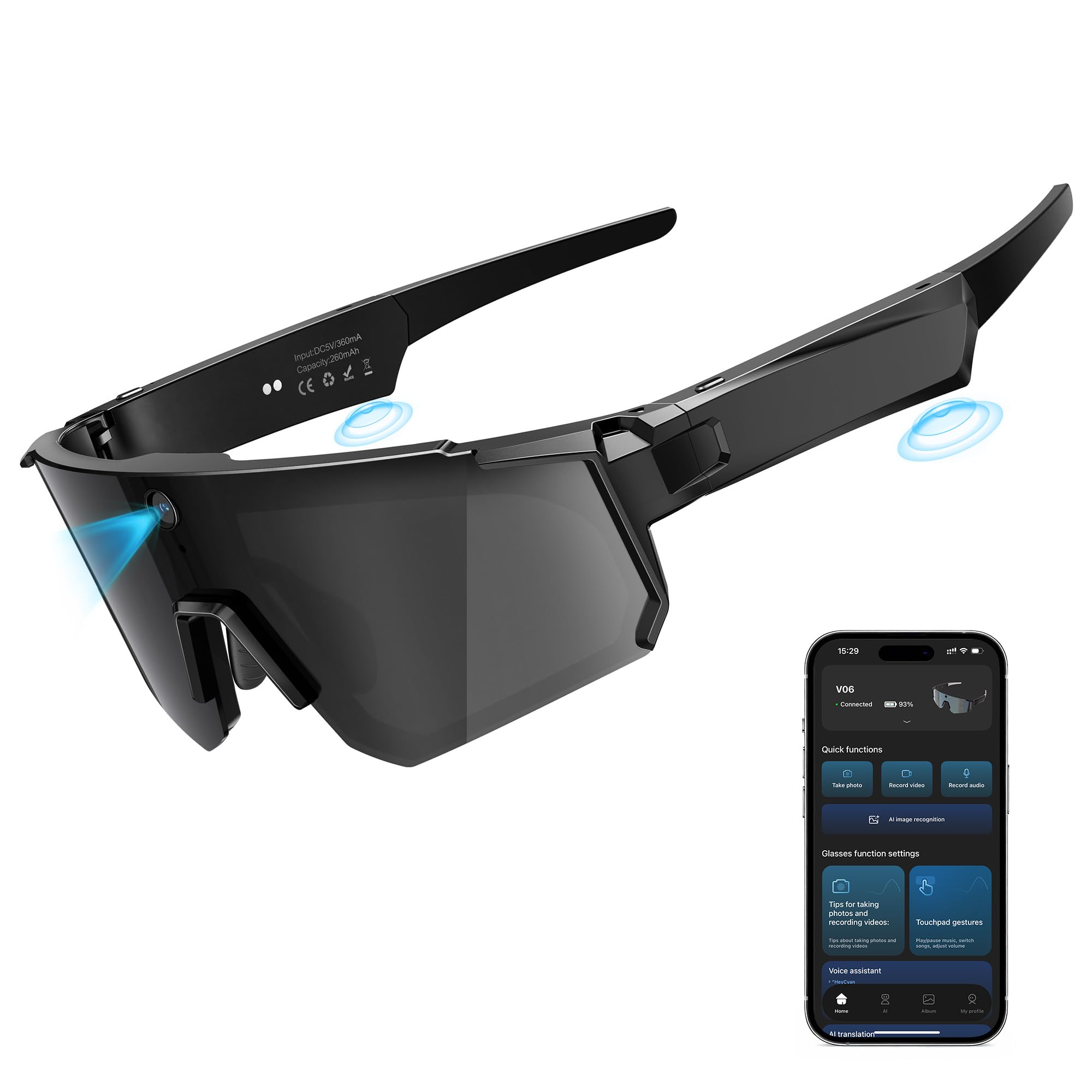 V06 Smart Glasses for Men Sport AI Camera with EIS Gyro Stabilization Polarized Lenses for Cycling Dual-Mic Noise