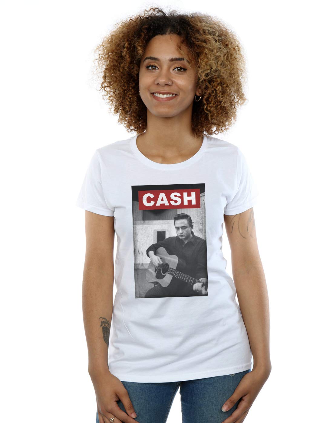 Absolute Cult Johnny Cash Women's Guitar Photo T-Shirt White X-Large