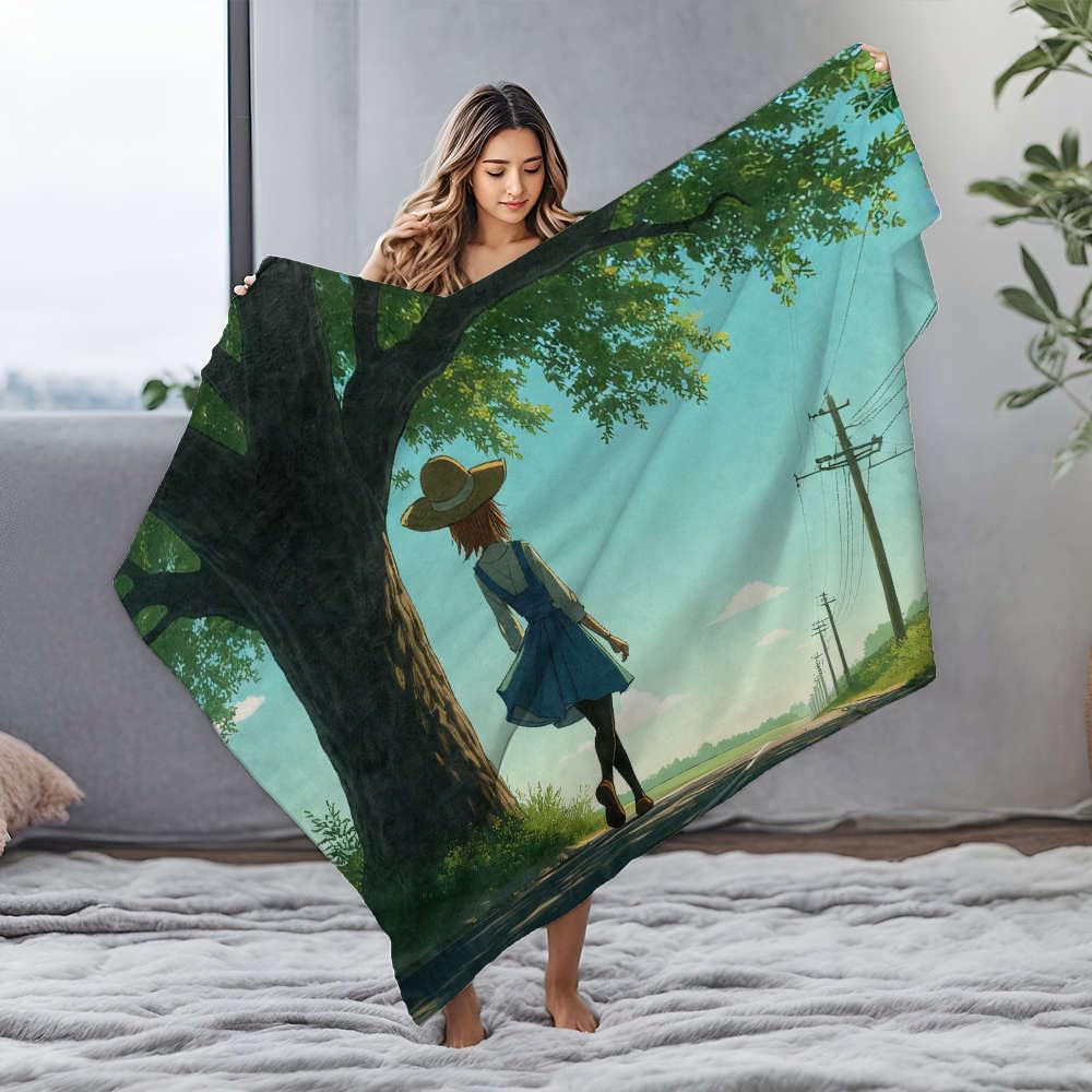 Couverture chauffante en flanelle 150x200 cm avec motif de fille en robe bleue sous un grand arbre
