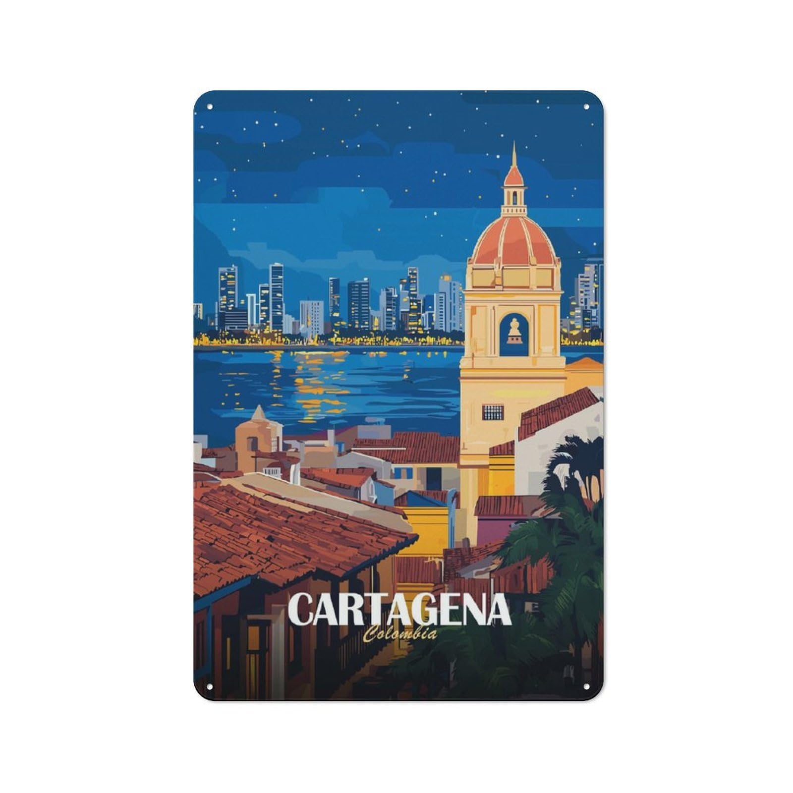 Junmoney Cartagena Colombia Cityscape At Night Tin Wall Plaque 30X20cm With For Guest Room Or Hallway, For Hallway Wall Decor Fans