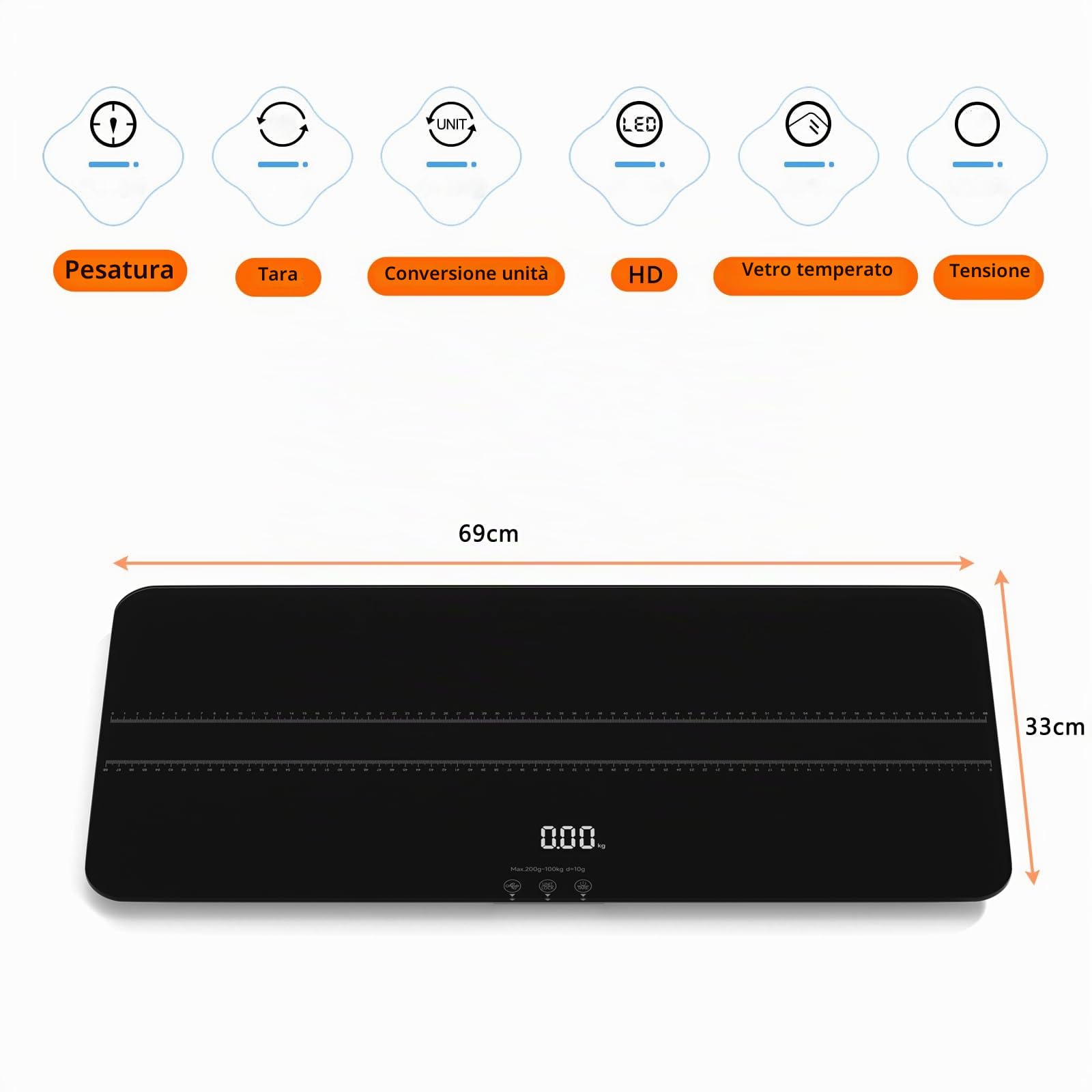 Bilancia digitale per cani Bilancia digitale LCD - Max 99,8 kg | 3 modalità di pesata lbs, kg, st, unità di ricarica USB/funzione tara/attesa 68,9 x 33,3 cm (nero)