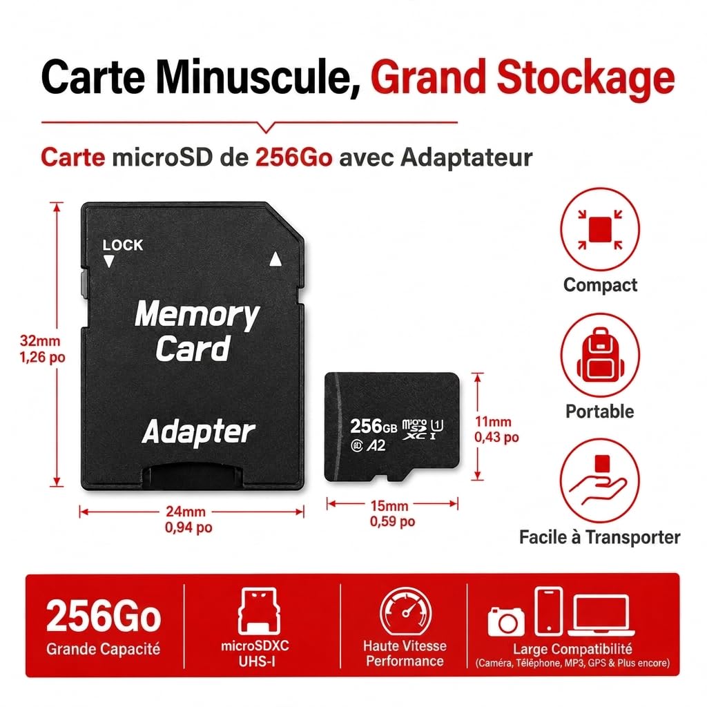 Memory Card Carte Micro SDXC 256 Go Haute Vitesse (A2, U1, V30, Classe 10) avec Adaptateur SD – Carte mémoire pour Appareil Photo, téléphone, Tablette, Switch, vidéo