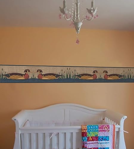 Miniatura 2 de Borde de pared  Multicolor flotante patos retro borde de papel pintado para niños, rollo prepegado 15 pies x 7 pulgadas