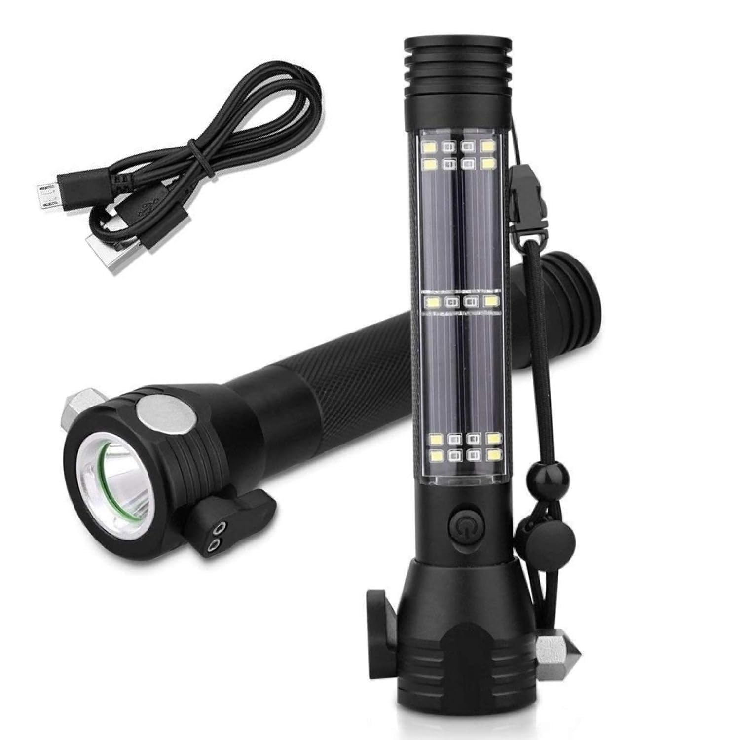 Foliam 9 in 1 Multi Function Flash Light,USB Rechargeable Solar Powered Flashlight with Glass Breaker,Seatbelt Cutter,Alarm and Phone Charger, Car LED Tactical Flashlight for Emergencies-image-40