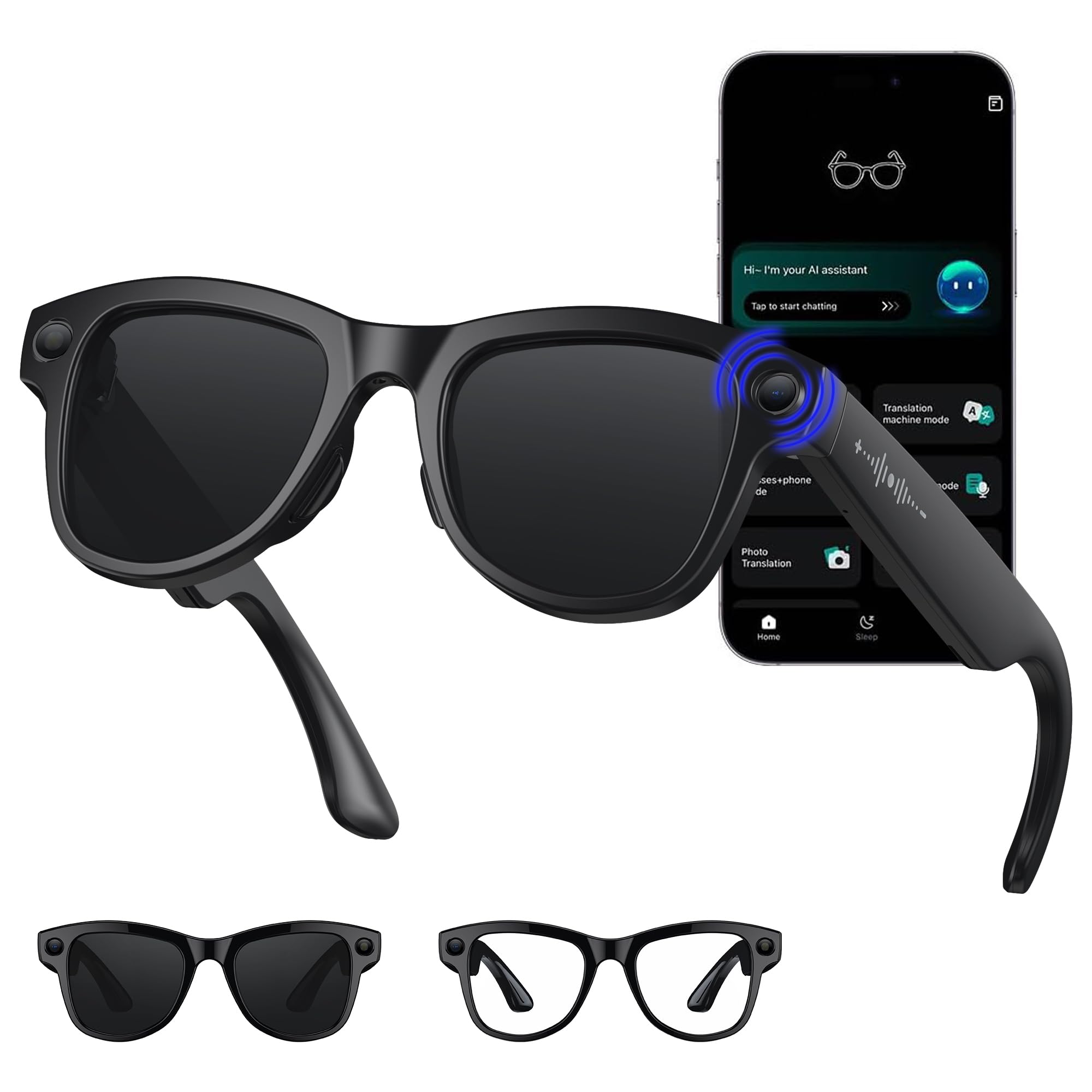 AI Smart Glasses - 4K 8MP Anti-Shake Cam Bluetooth Calling Video Recording Real-Time Translation GPT Recognition 290mAh 3000mAh