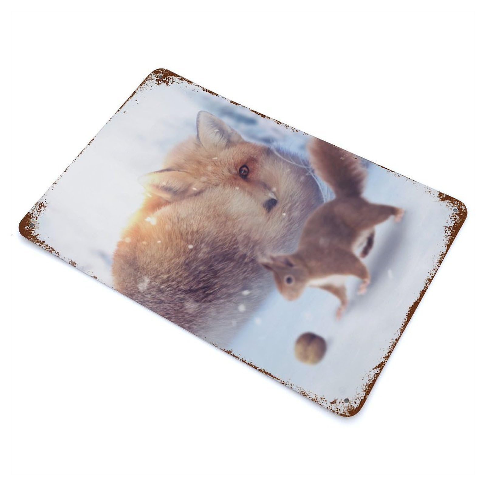 The Fox And Squirrel Distressed Metal Wall Sign 11.8"x7.9", for Farmhouse, Kitchen And Entryway Decor, Rustic Home Decor