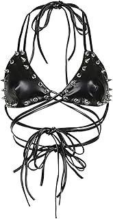 FlyCC Rave PU Leather Top for Women Party Dance Bralettes Strappy Criss Cross Crop Top Bra Music Festival Outfits