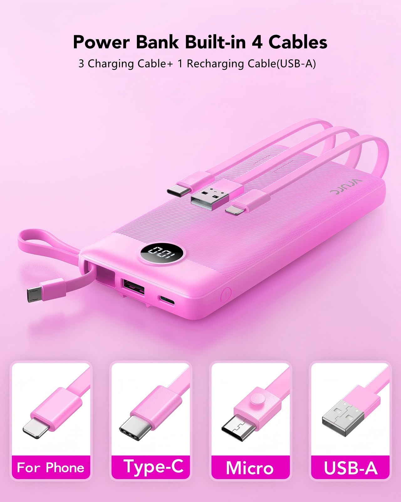VRURC Portable Charger, Slim Power Bank Built-in 4 Cables, Travel Essential view 2